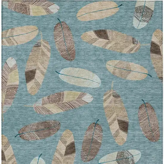 Teal Blue And Ivory Botanical Leaves Washable Indoor Outdoor Area Rug Photo 3