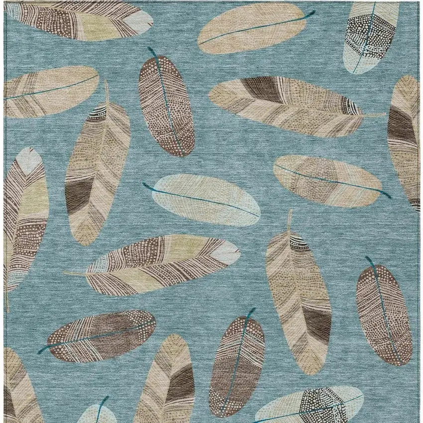 Teal Blue And Ivory Botanical Leaves Washable Indoor Outdoor Area Rug Photo 3
