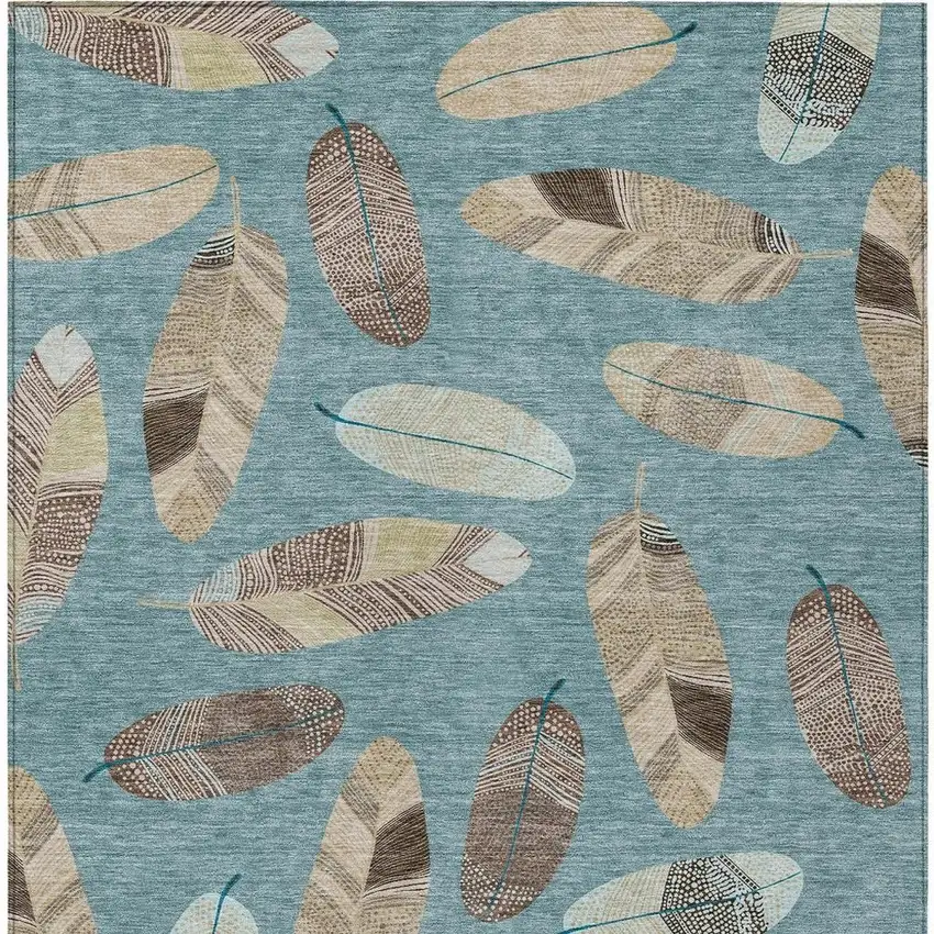 Teal Blue And Ivory Botanical Leaves Washable Indoor Outdoor Area Rug Photo 6