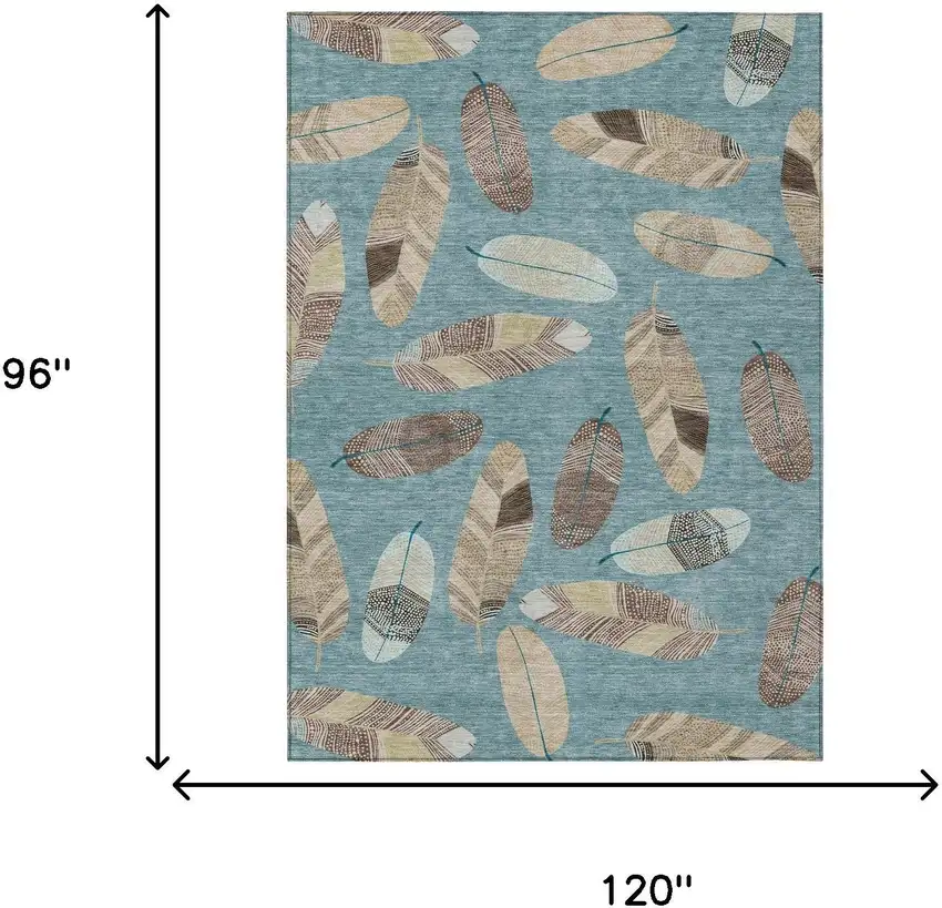 Teal Blue And Ivory Botanical Leaves Washable Indoor Outdoor Area Rug Photo 9