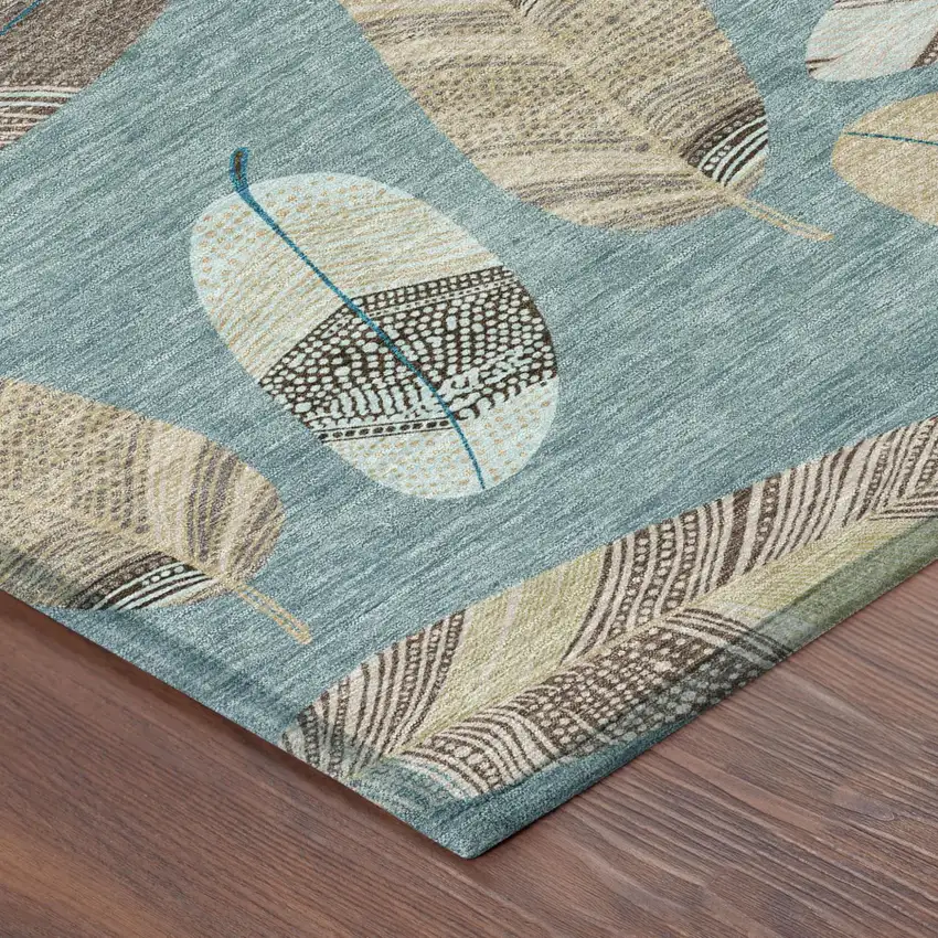 Teal Blue And Ivory Botanical Leaves Washable Indoor Outdoor Area Rug Photo 7