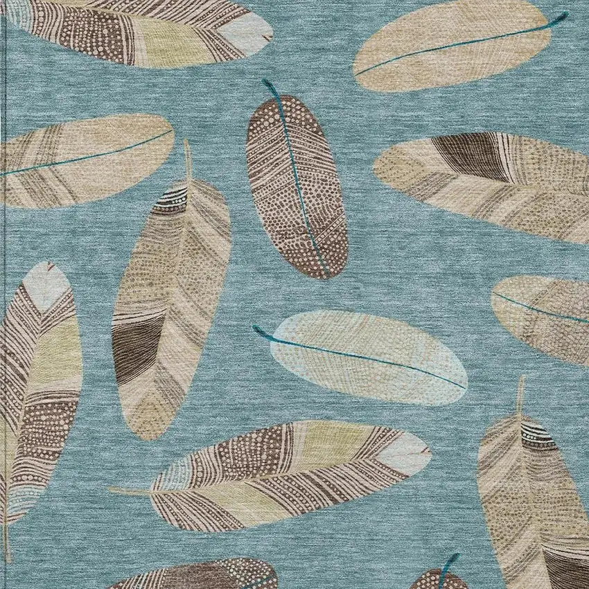 Teal Blue And Ivory Botanical Leaves Washable Indoor Outdoor Area Rug Photo 5