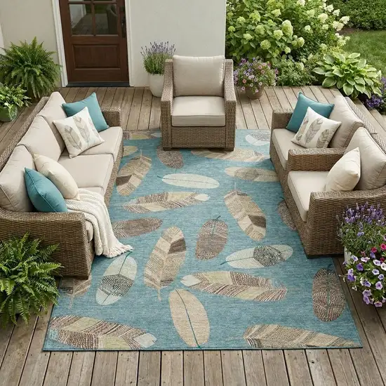 Teal Blue And Ivory Botanical Leaves Washable Indoor Outdoor Area Rug Photo 1