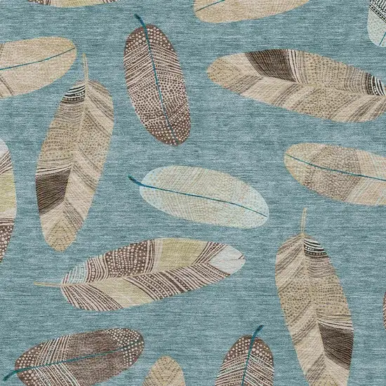 Teal Blue And Ivory Botanical Leaves Washable Indoor Outdoor Area Rug Photo 3