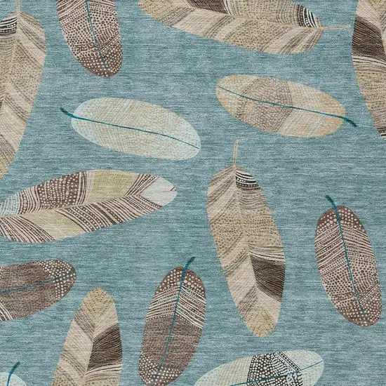 Teal Blue And Ivory Botanical Leaves Washable Indoor Outdoor Area Rug Photo 5