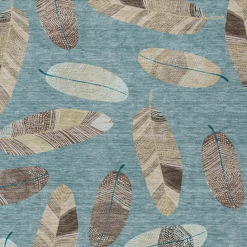 Teal Blue And Ivory Botanical Leaves Washable Indoor Outdoor Area Rug Photo 5