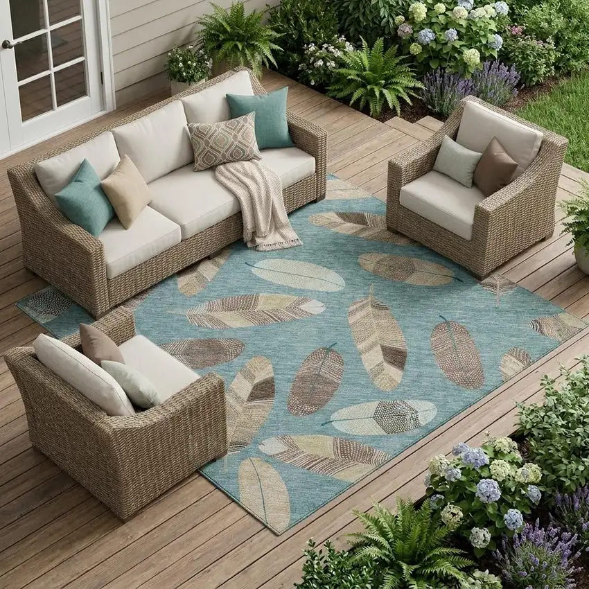 Teal Blue And Ivory Botanical Leaves Washable Indoor Outdoor Area Rug Photo 1