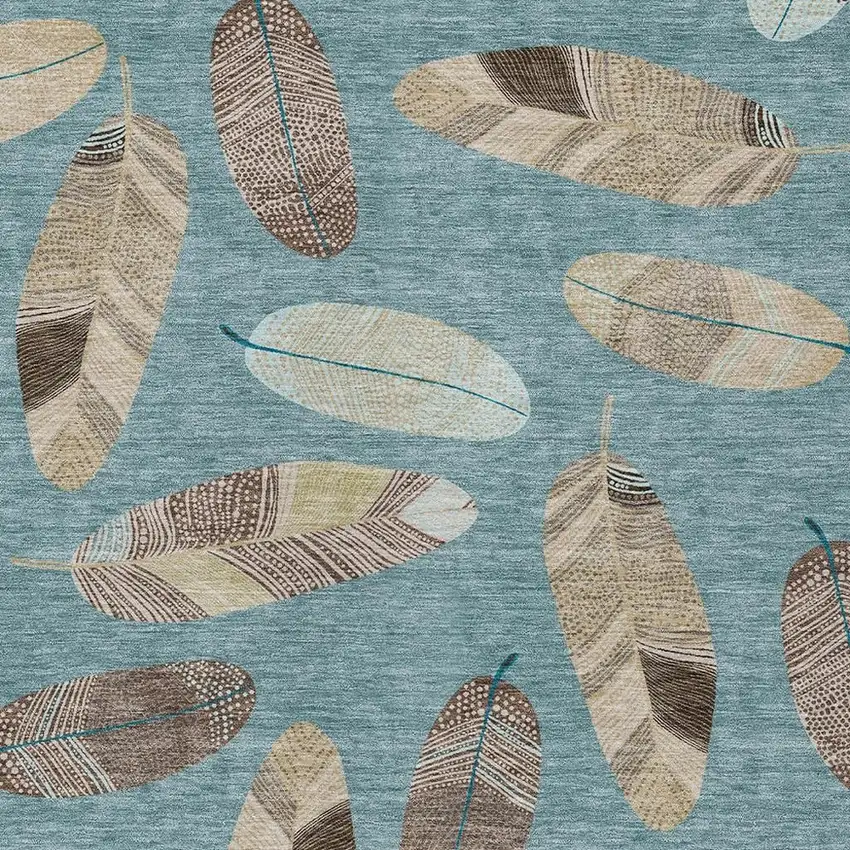 Teal Blue And Ivory Botanical Leaves Washable Indoor Outdoor Area Rug Photo 5