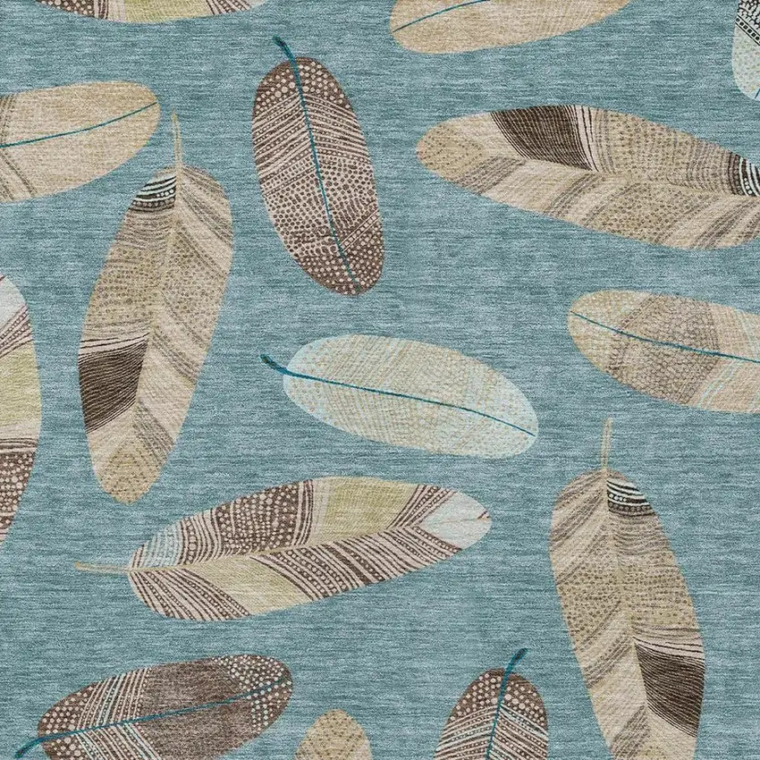 Teal Blue And Ivory Botanical Leaves Washable Indoor Outdoor Area Rug Photo 3