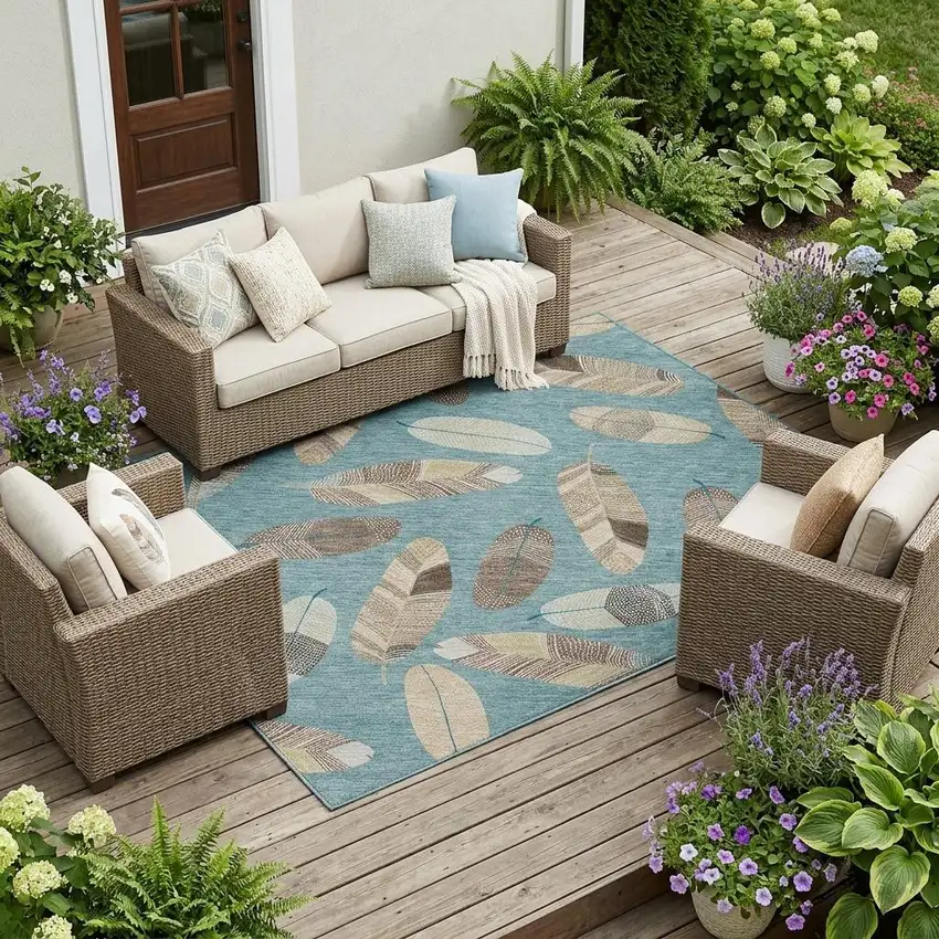 Teal Blue And Ivory Botanical Leaves Washable Indoor Outdoor Area Rug Photo 1