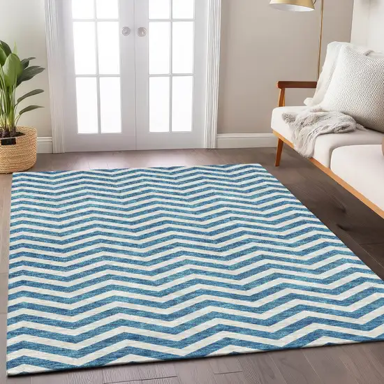 Teal Blue And Ivory Chevron Washable Indoor Outdoor Area Rug Photo 9