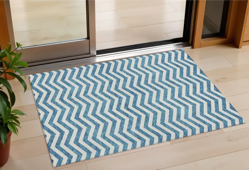 Teal Blue And Ivory Chevron Washable Indoor Outdoor Area Rug Photo 1