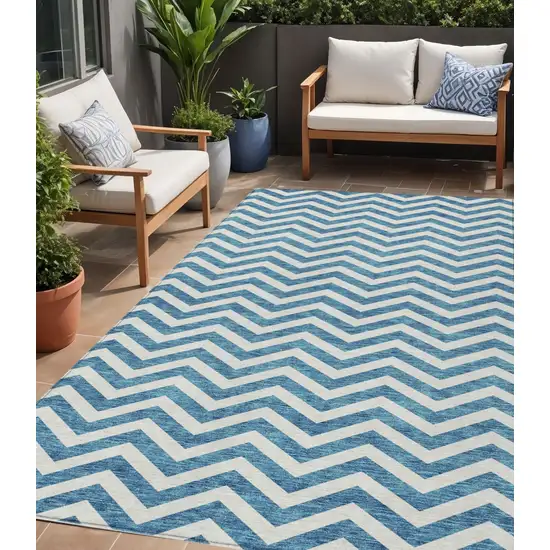 Teal Blue And Ivory Chevron Washable Indoor Outdoor Area Rug Photo 1