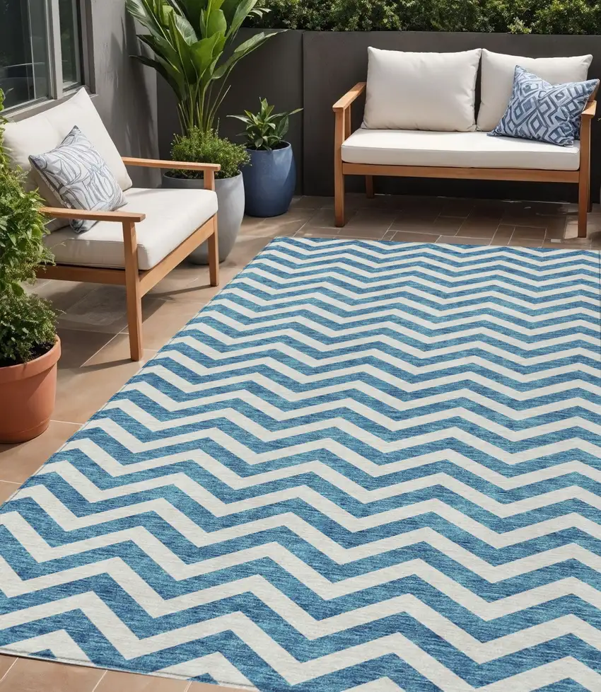 Teal Blue And Ivory Chevron Washable Indoor Outdoor Area Rug Photo 1