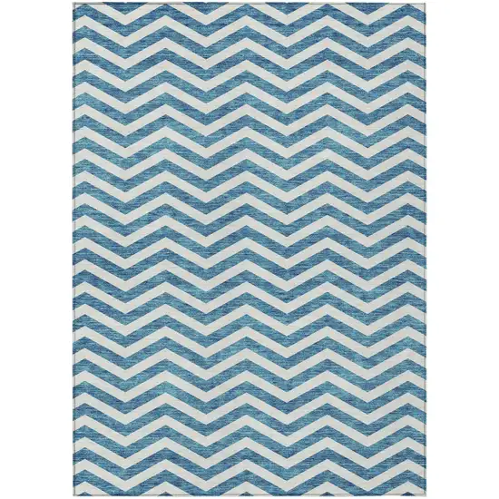 Teal Blue And Ivory Chevron Washable Indoor Outdoor Area Rug Photo 2