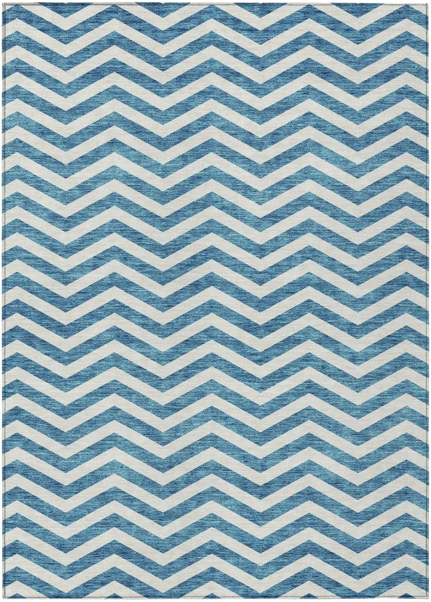 Teal Blue And Ivory Chevron Washable Indoor Outdoor Area Rug Photo 2