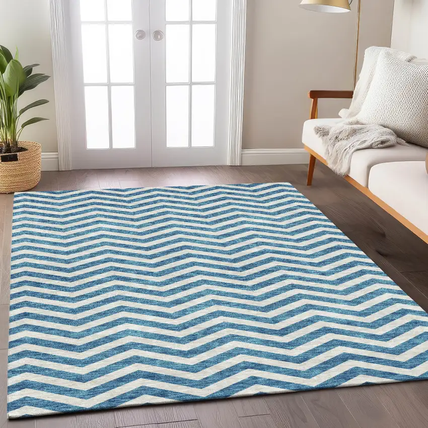 Teal Blue And Ivory Chevron Washable Indoor Outdoor Area Rug Photo 9