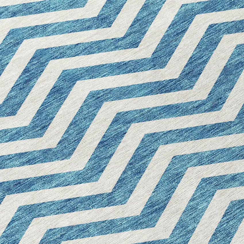 Teal Blue And Ivory Chevron Washable Indoor Outdoor Area Rug Photo 6