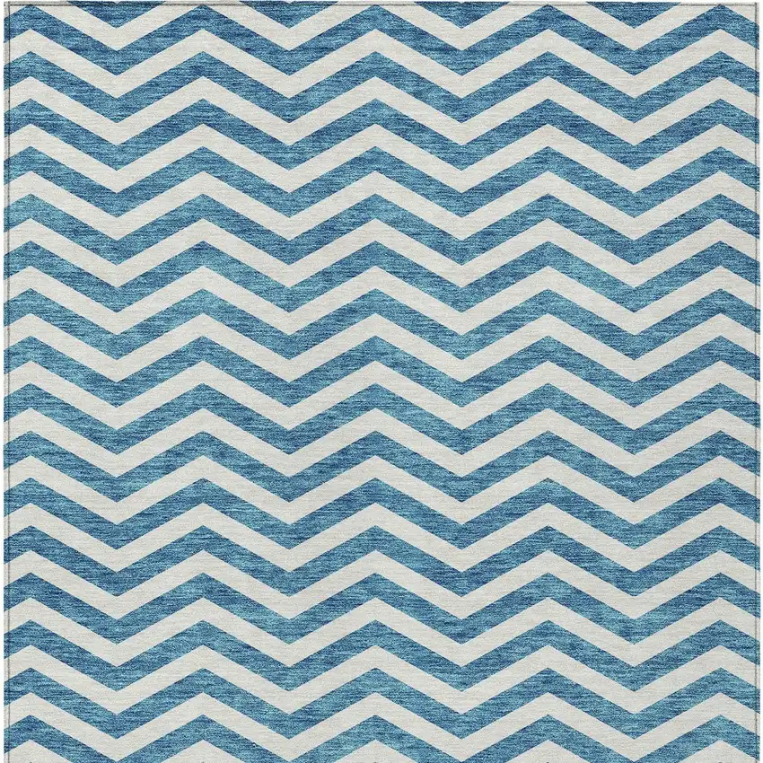 Teal Blue And Ivory Chevron Washable Indoor Outdoor Area Rug Photo 8