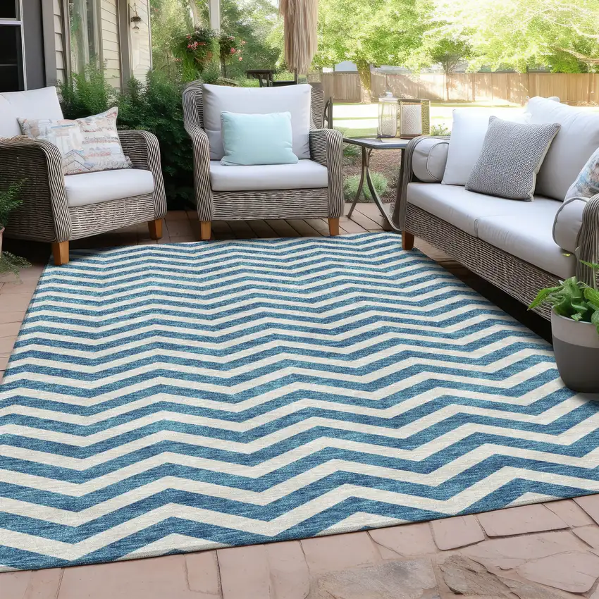Teal Blue And Ivory Chevron Washable Indoor Outdoor Area Rug Photo 9