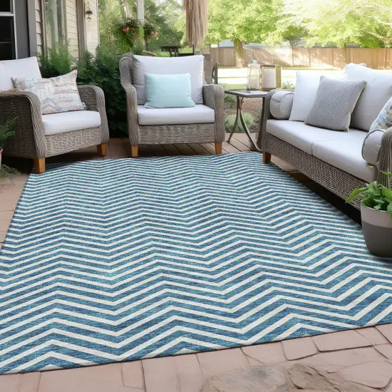 Teal Blue And Ivory Chevron Washable Indoor Outdoor Area Rug Photo 8