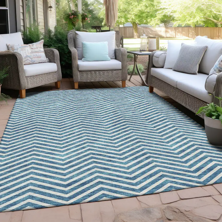 Teal Blue And Ivory Chevron Washable Indoor Outdoor Area Rug Photo 8