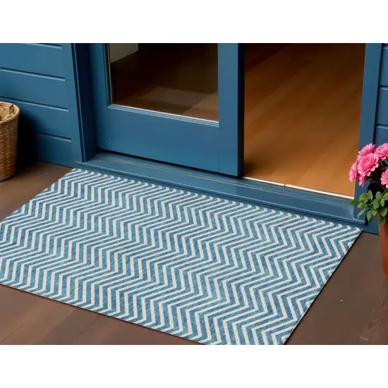Teal Blue And Ivory Chevron Washable Indoor Outdoor Area Rug Photo 1