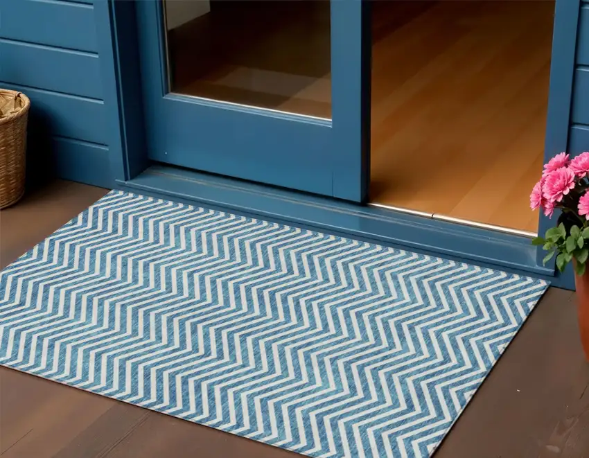 Teal Blue And Ivory Chevron Washable Indoor Outdoor Area Rug Photo 1