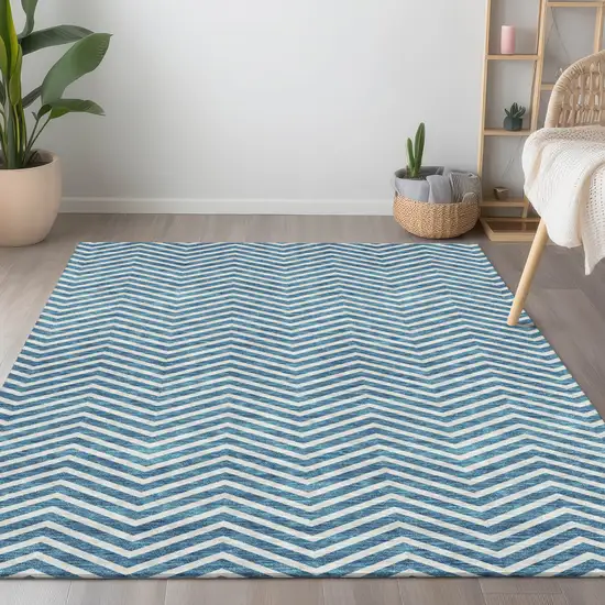 Teal Blue And Ivory Chevron Washable Indoor Outdoor Area Rug Photo 9