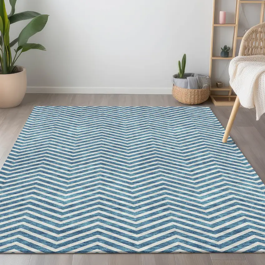 Teal Blue And Ivory Chevron Washable Indoor Outdoor Area Rug Photo 9