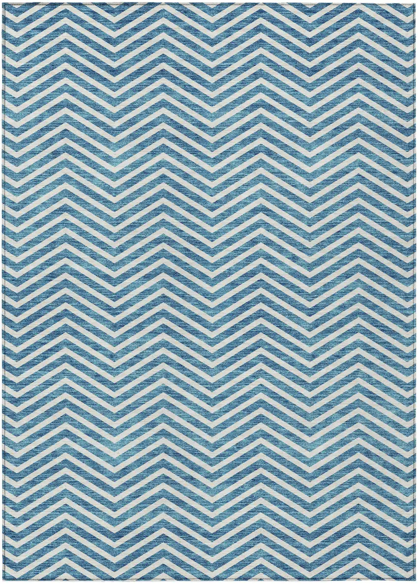 Teal Blue And Ivory Chevron Washable Indoor Outdoor Area Rug Photo 2