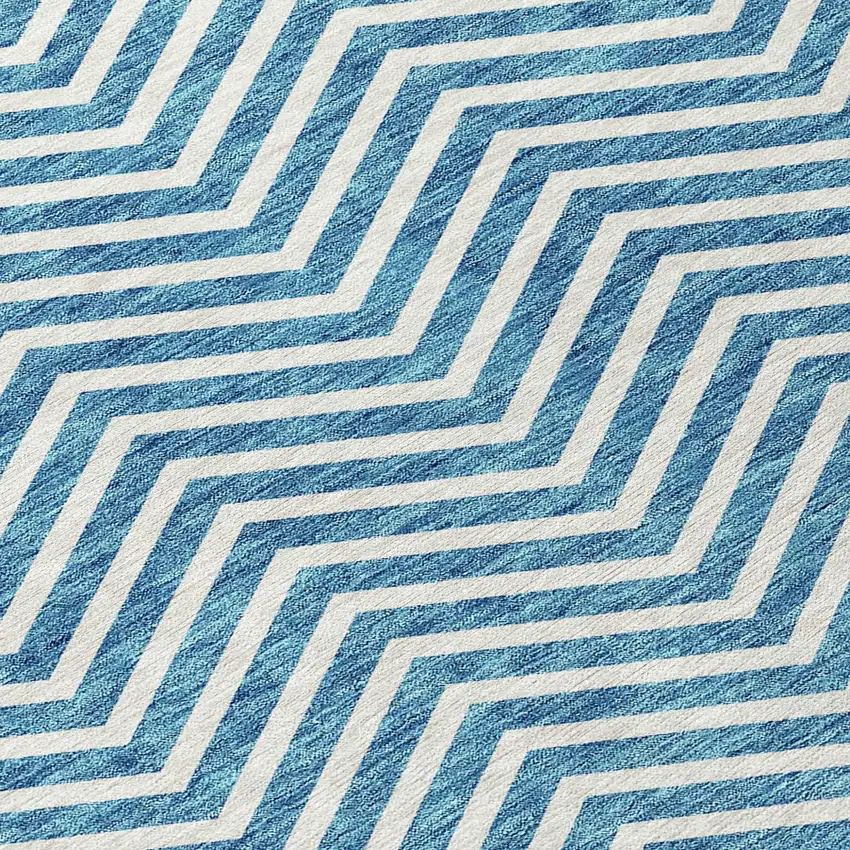 Teal Blue And Ivory Chevron Washable Indoor Outdoor Area Rug Photo 6