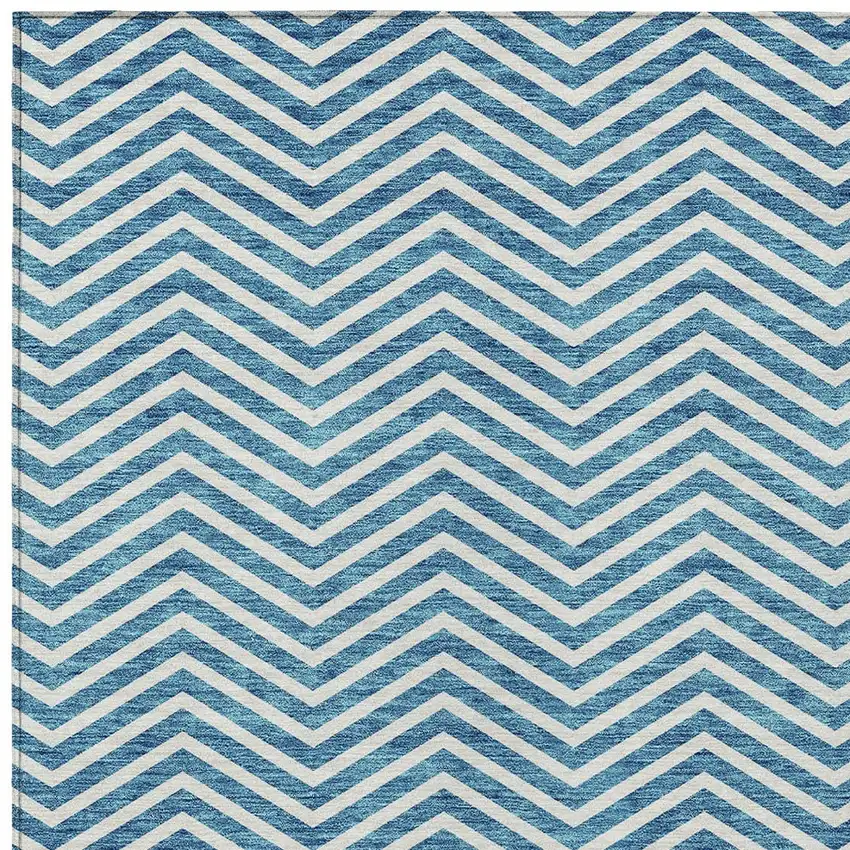 Teal Blue And Ivory Chevron Washable Indoor Outdoor Area Rug Photo 5