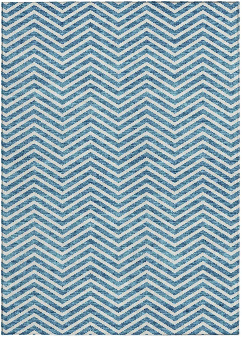 Teal Blue And Ivory Chevron Washable Indoor Outdoor Area Rug Photo 4
