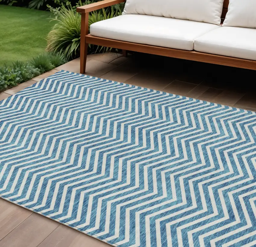 Teal Blue And Ivory Chevron Washable Indoor Outdoor Area Rug Photo 1