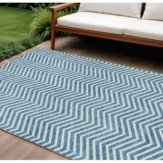 Teal Blue And Ivory Chevron Washable Indoor Outdoor Area Rug Photo 1