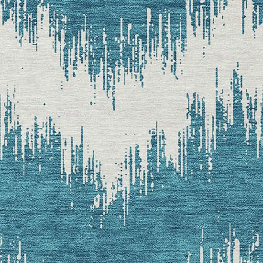 Teal Blue And Ivory Chevron Washable Indoor Outdoor Area Rug Photo 6
