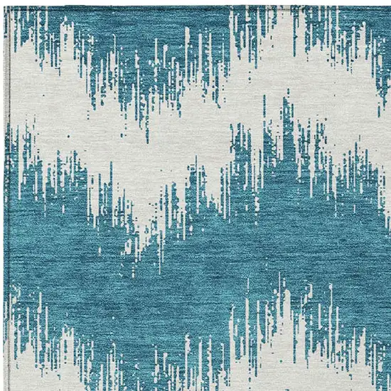 Teal Blue And Ivory Chevron Washable Indoor Outdoor Area Rug Photo 7