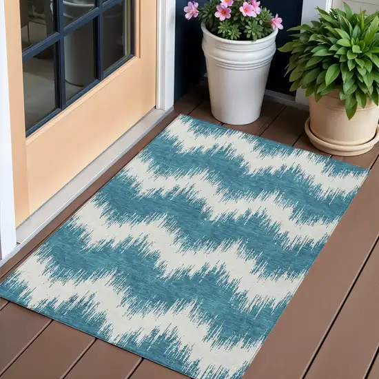 Teal Blue And Ivory Chevron Washable Indoor Outdoor Area Rug Photo 1