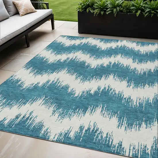 Teal Blue And Ivory Chevron Washable Indoor Outdoor Area Rug Photo 1