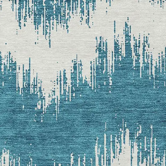 Teal Blue And Ivory Chevron Washable Indoor Outdoor Area Rug Photo 6