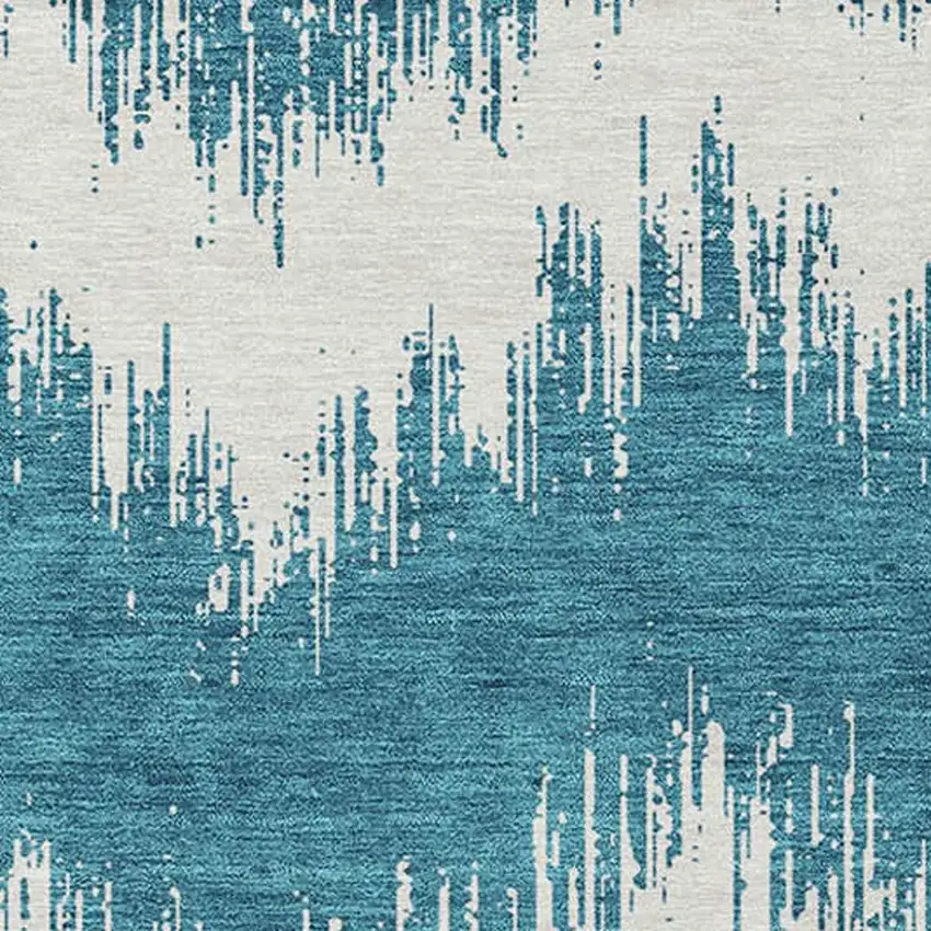 Teal Blue And Ivory Chevron Washable Indoor Outdoor Area Rug Photo 6