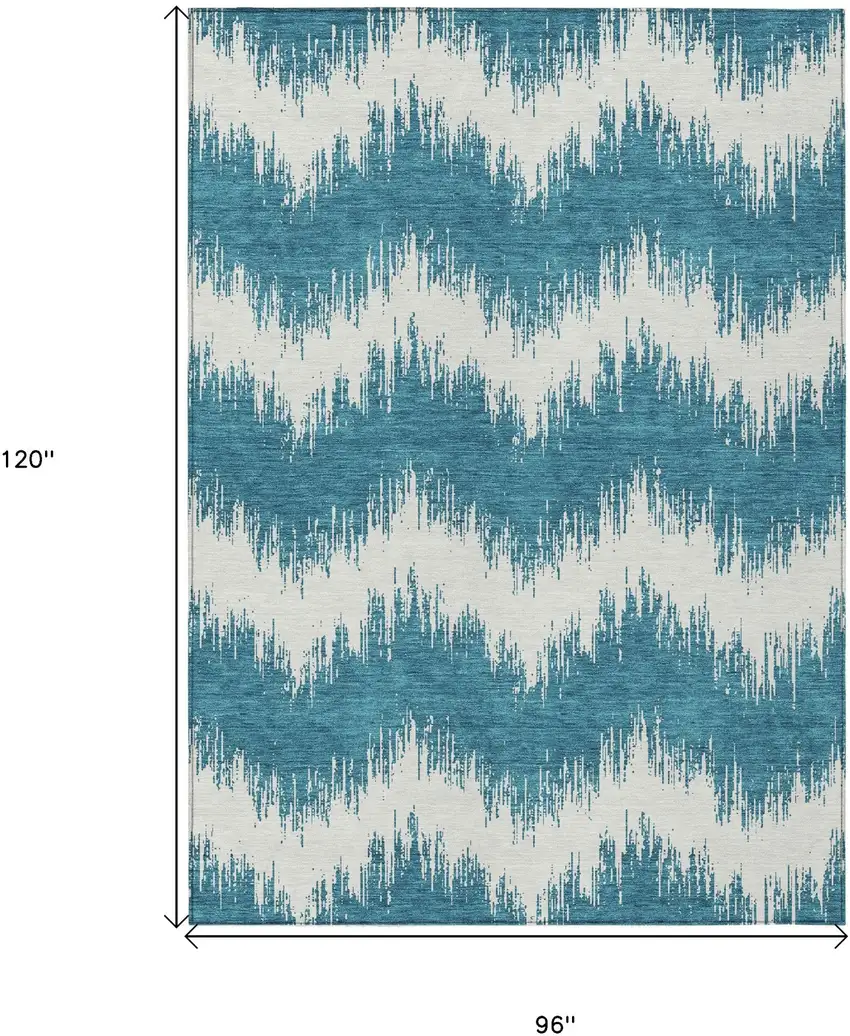 Teal Blue And Ivory Chevron Washable Indoor Outdoor Area Rug Photo 3