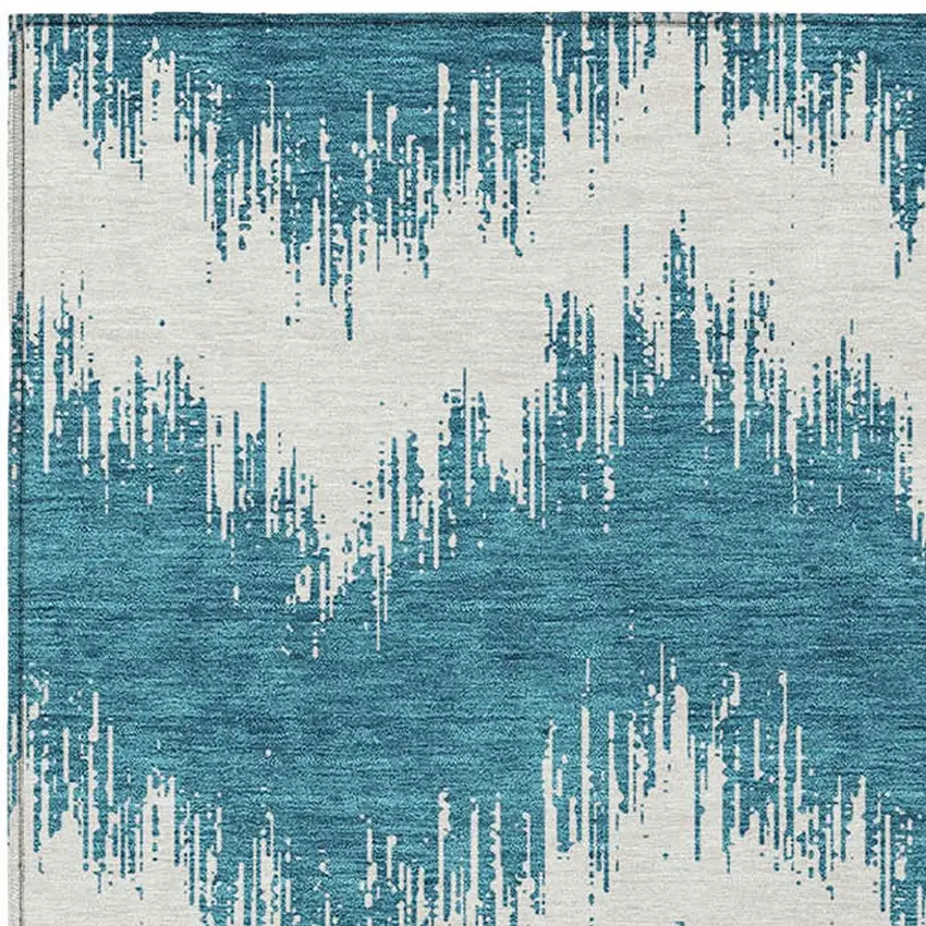 Teal Blue And Ivory Chevron Washable Indoor Outdoor Area Rug Photo 6