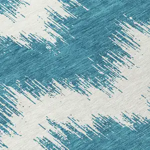 Photo of Teal Blue And Ivory Chevron Washable Indoor Outdoor Area Rug