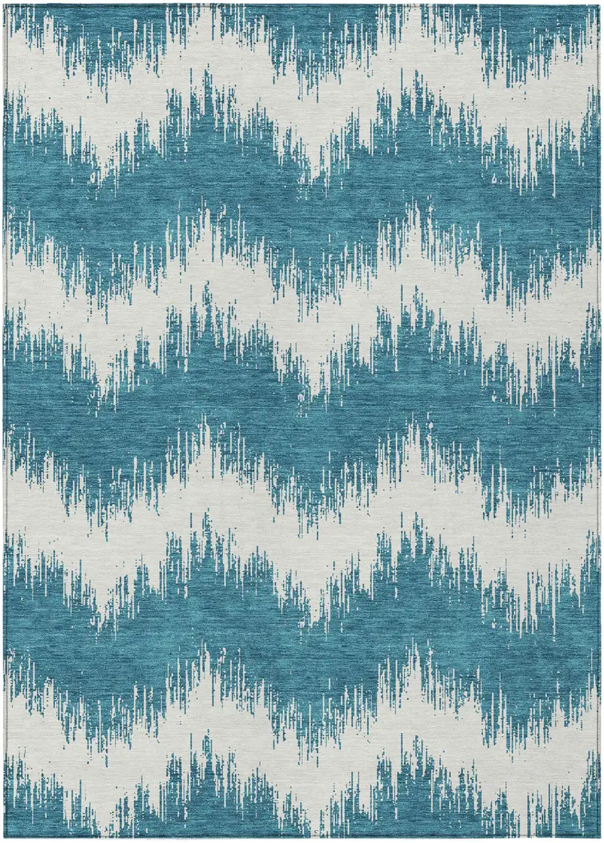 Teal Blue And Ivory Chevron Washable Indoor Outdoor Area Rug Photo 2