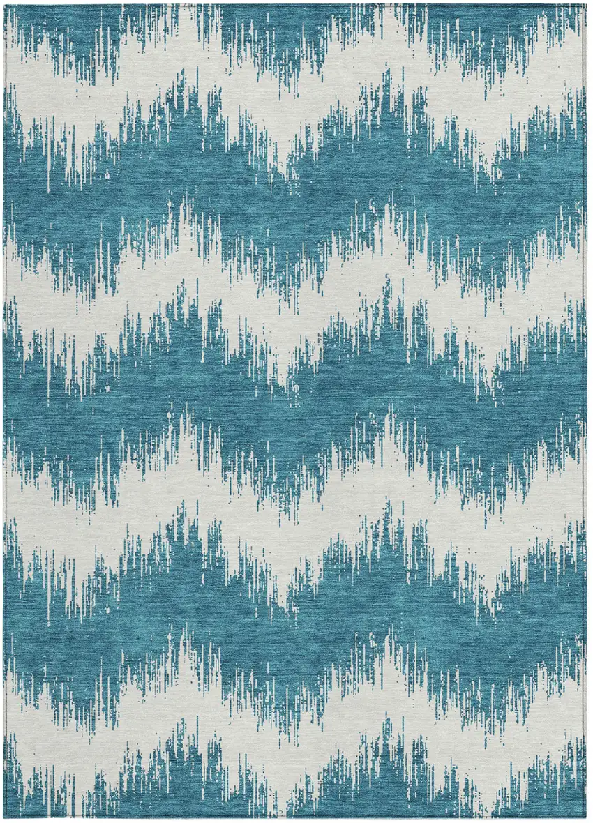 Teal Blue And Ivory Chevron Washable Indoor Outdoor Area Rug Photo 7