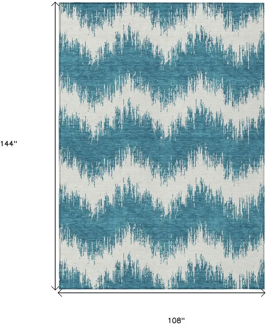 Teal Blue And Ivory Chevron Washable Indoor Outdoor Area Rug Photo 3