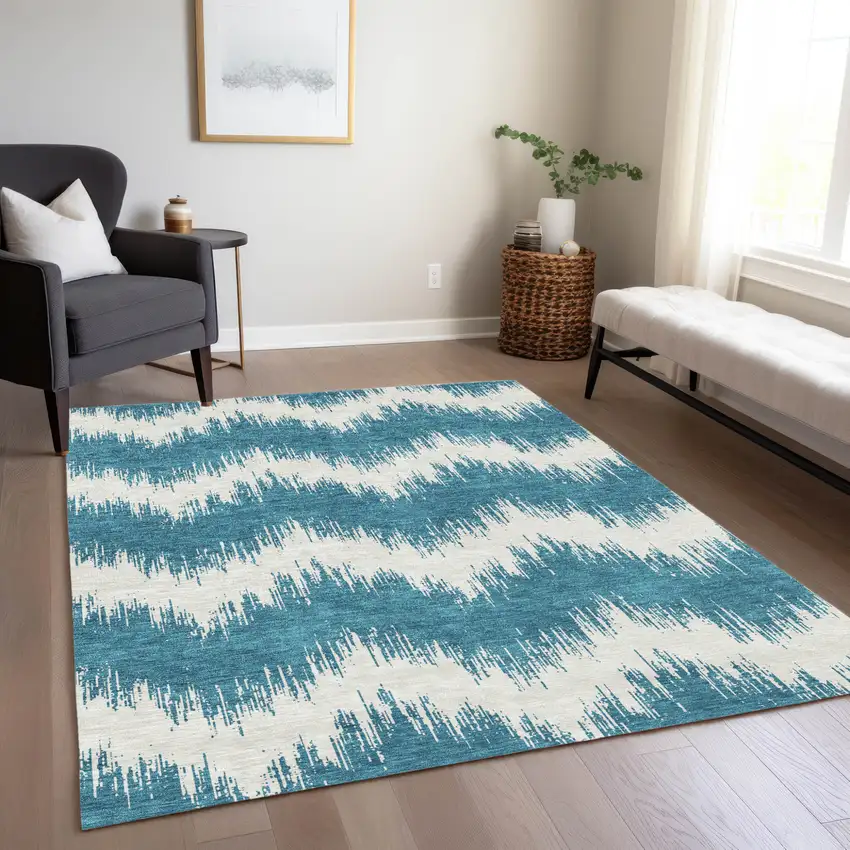 Teal Blue And Ivory Chevron Washable Indoor Outdoor Area Rug Photo 9