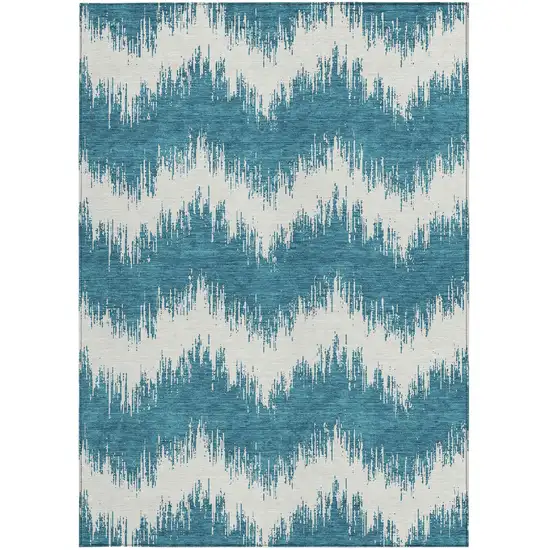 Teal Blue And Ivory Chevron Washable Indoor Outdoor Area Rug Photo 6